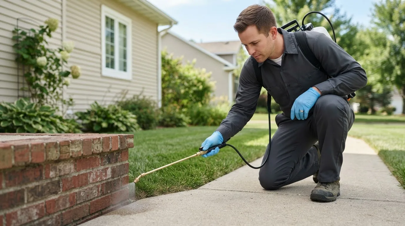 Pest control technician treating a home near Denver, CO
